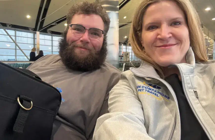 Cabin Companions founders Monica Tarant and Gabe Downey during a pet travel journey