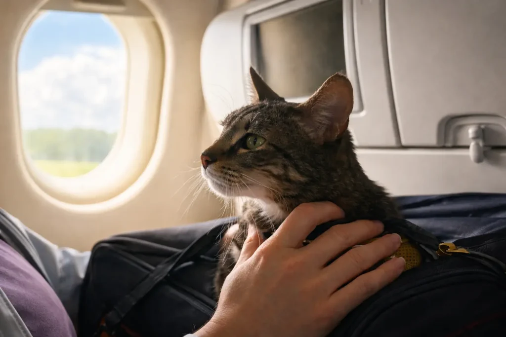 In-cabin flight nanny for cats transporting a cat across the country safely