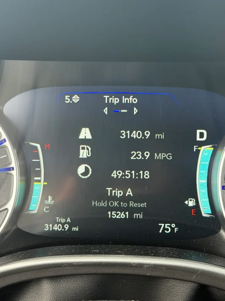 Remy the dog beside the trip odometer during private ground transport from Montana to Miami