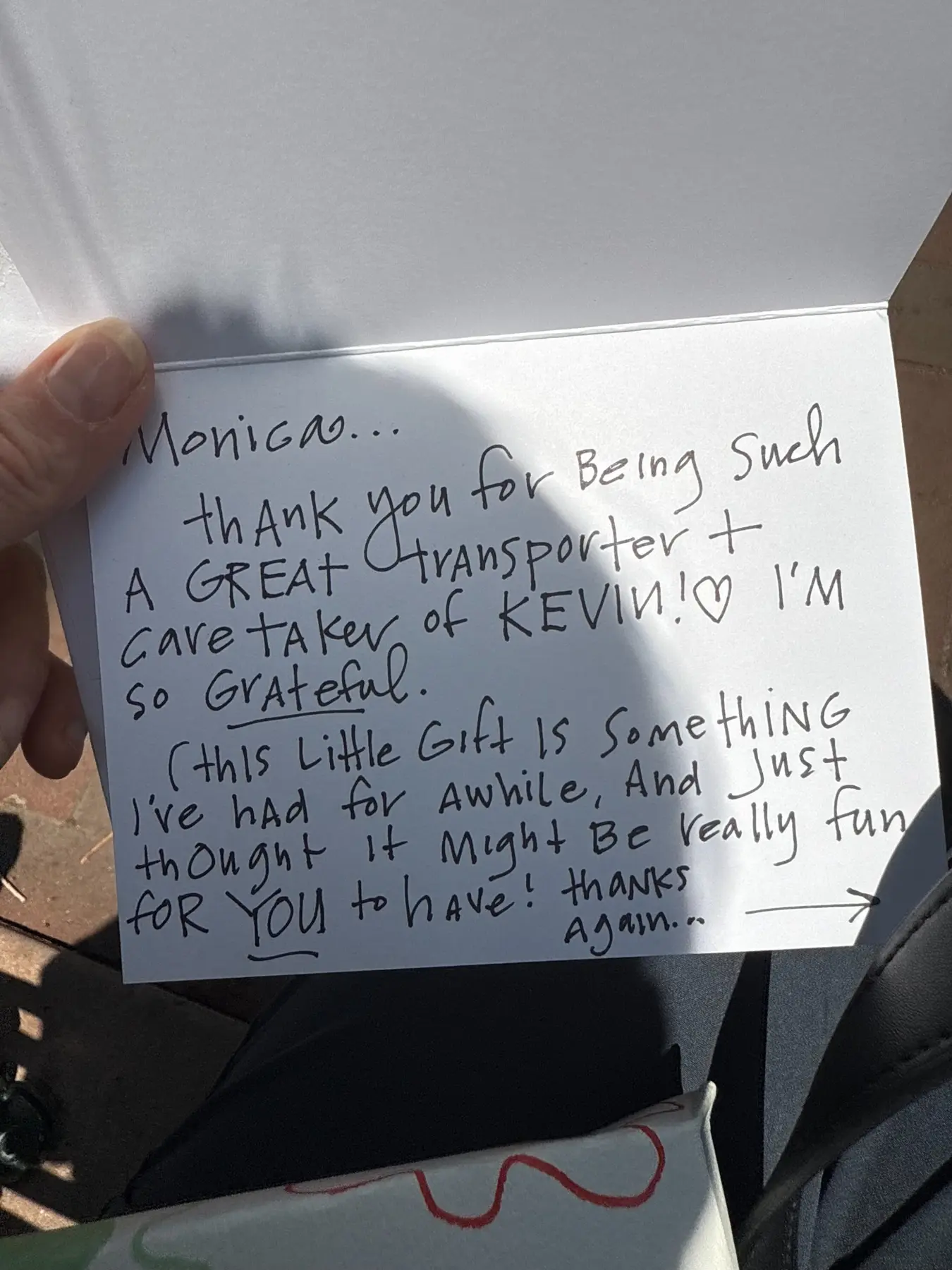 Handwritten thank-you note to Monica for caring for Kevin during his private ground journey
