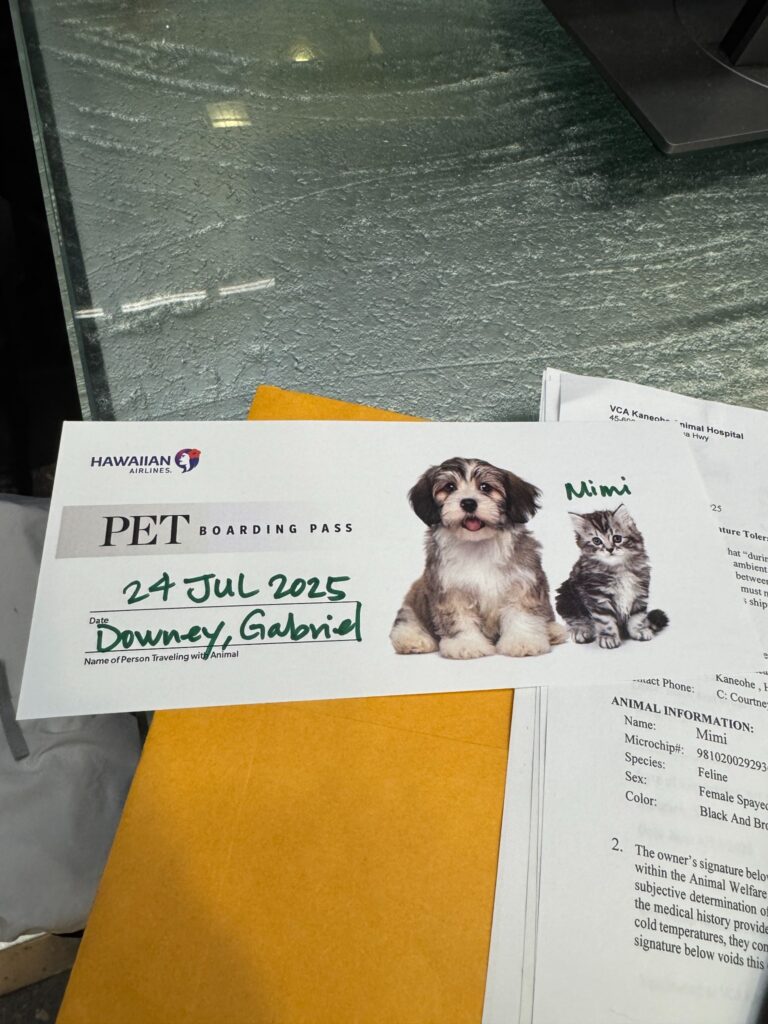 Mimi’s Hawaiian Airlines pet boarding pass and travel documents