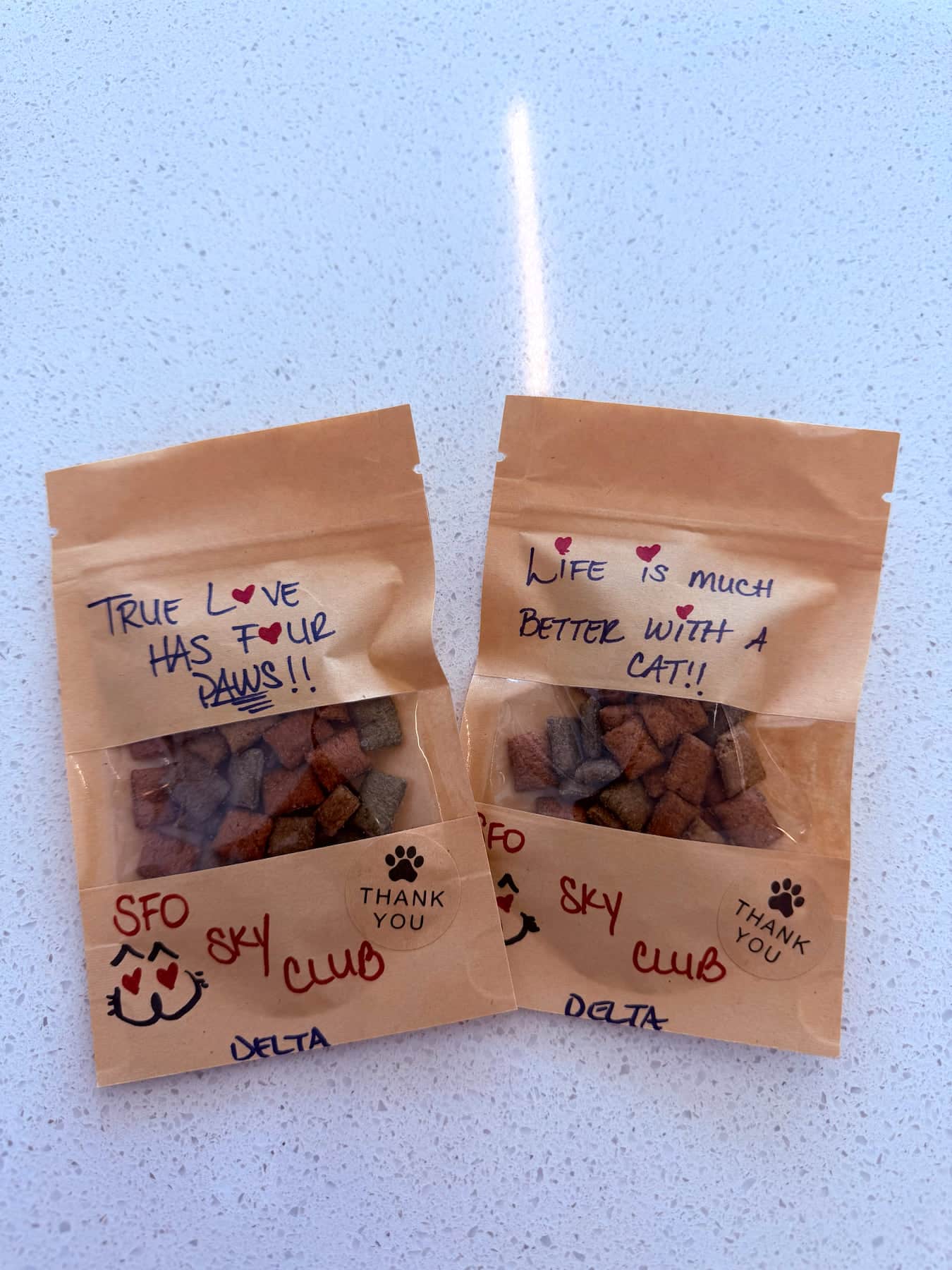 Special cat treat bags with handwritten notes from the Delta Sky Club at SFO